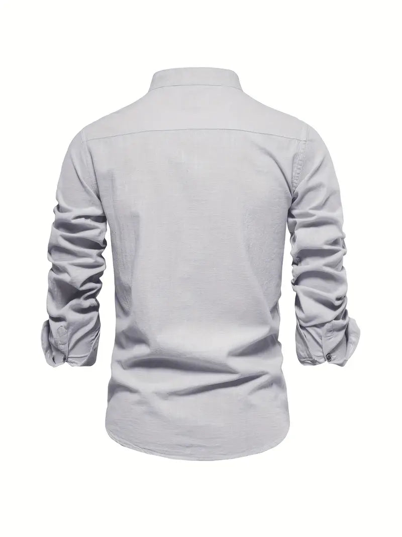 Herren Baumwollhemd Langarm Stehkragen Elegant Stickerei – Nelvion