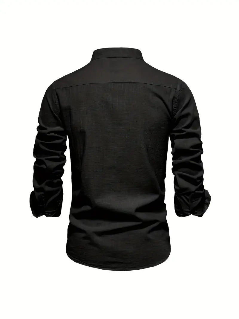 Herren Baumwollhemd Langarm Stehkragen Elegant Stickerei – Nelvion