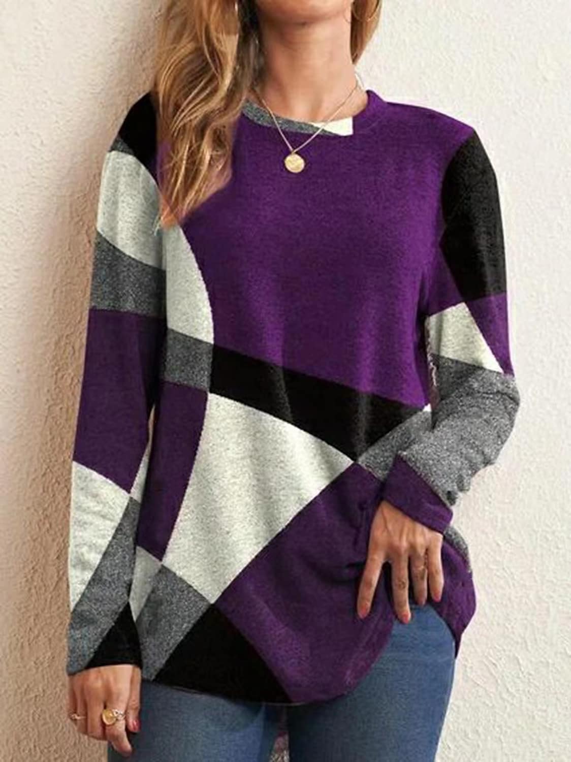 Romy | Damen Casual Bluse Lose Passform O-Ausschnitt Langarm Tops