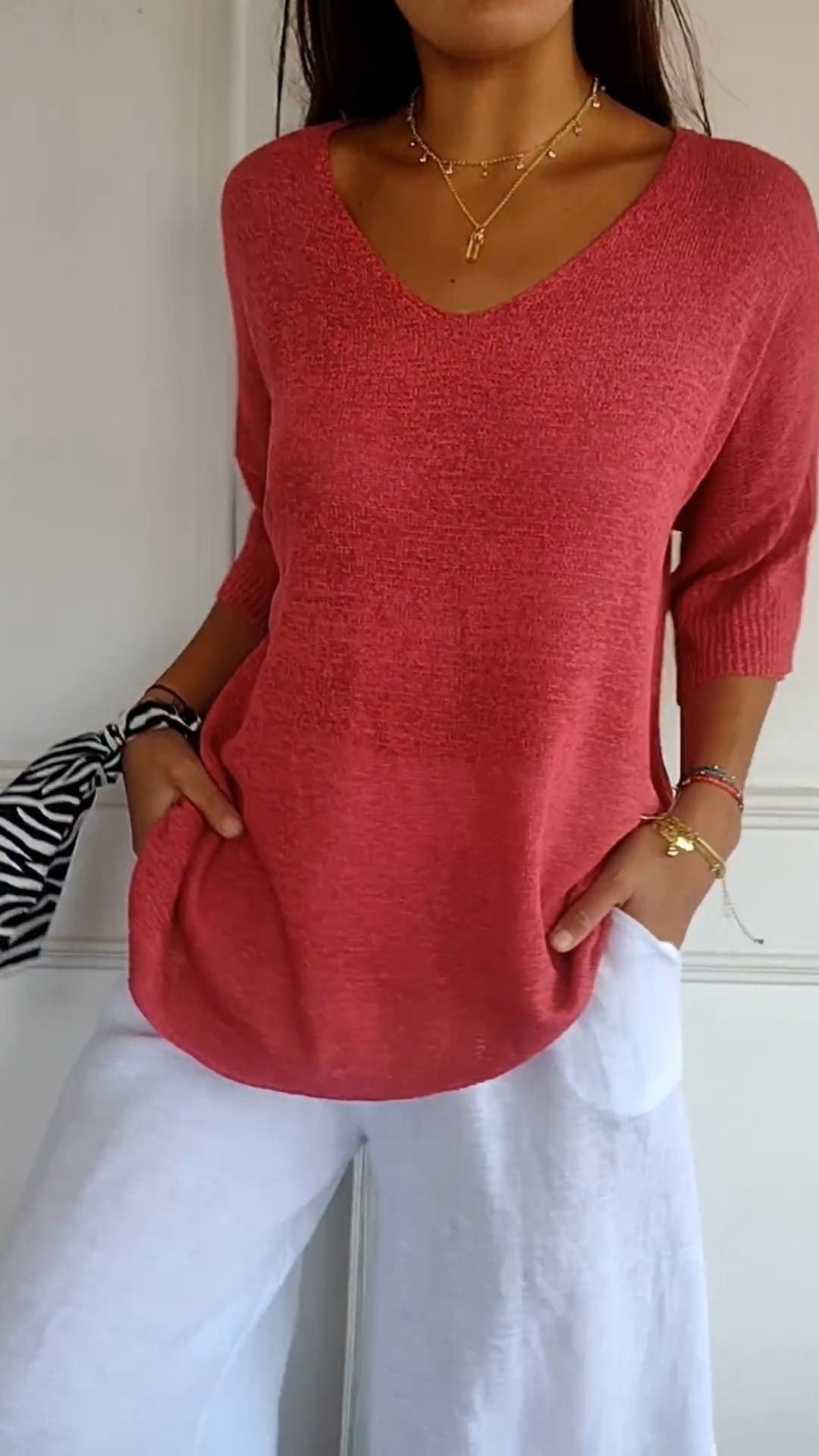Oversized Damen V-Ausschnitt Top Sommer Elegant – Amelie