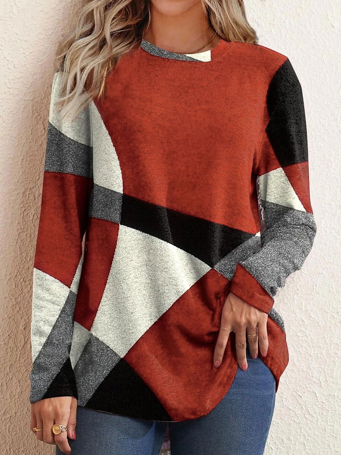 Romy | Damen Casual Bluse Lose Passform O-Ausschnitt Langarm Tops