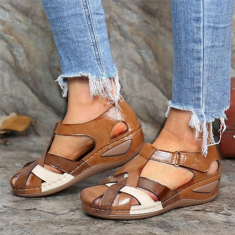 Lea- Lässige orthopädische Ledersandalen mit Keilabsatz und Fußgewölbeunterstützungr