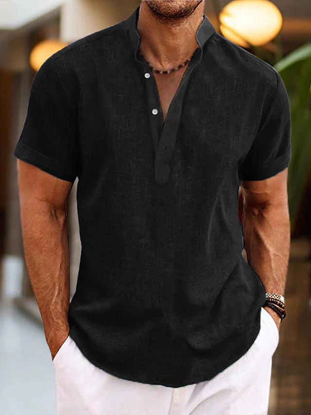 Sommer Herren Leinenhemd mit Henley-Kragen – Rovenzo