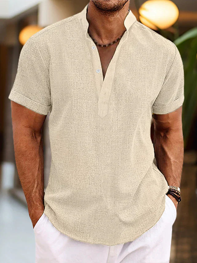 Sommer Herren Leinenhemd mit Henley-Kragen – Rovenzo