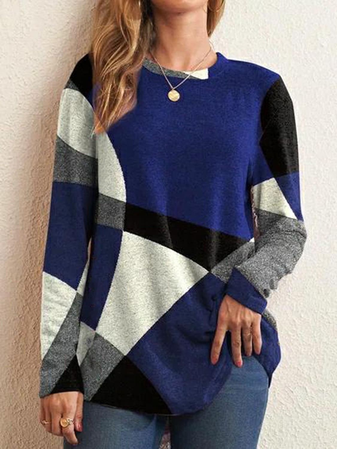 Romy | Damen Casual Bluse Lose Passform O-Ausschnitt Langarm Tops