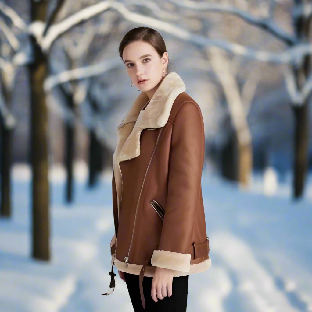 Stylische Biker-Lederjacke mit Polokragen und Gürtel für Frauen