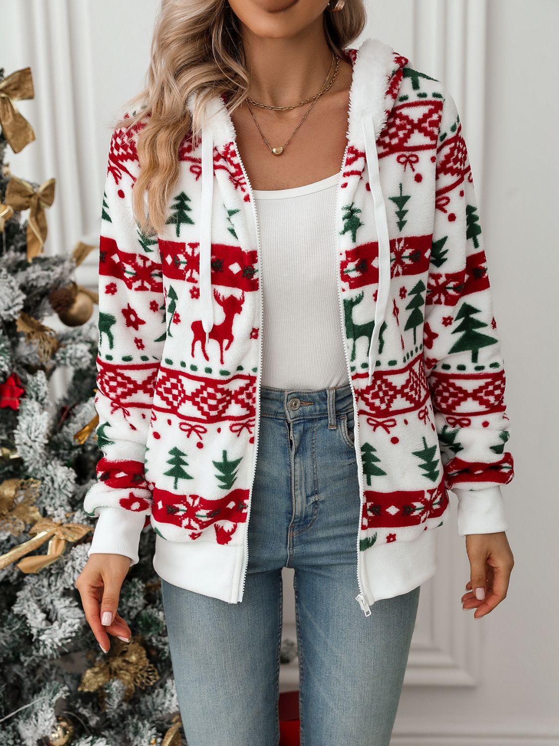 Weißer Zip-Up-Hoodie für Weihnachten Für Frauen