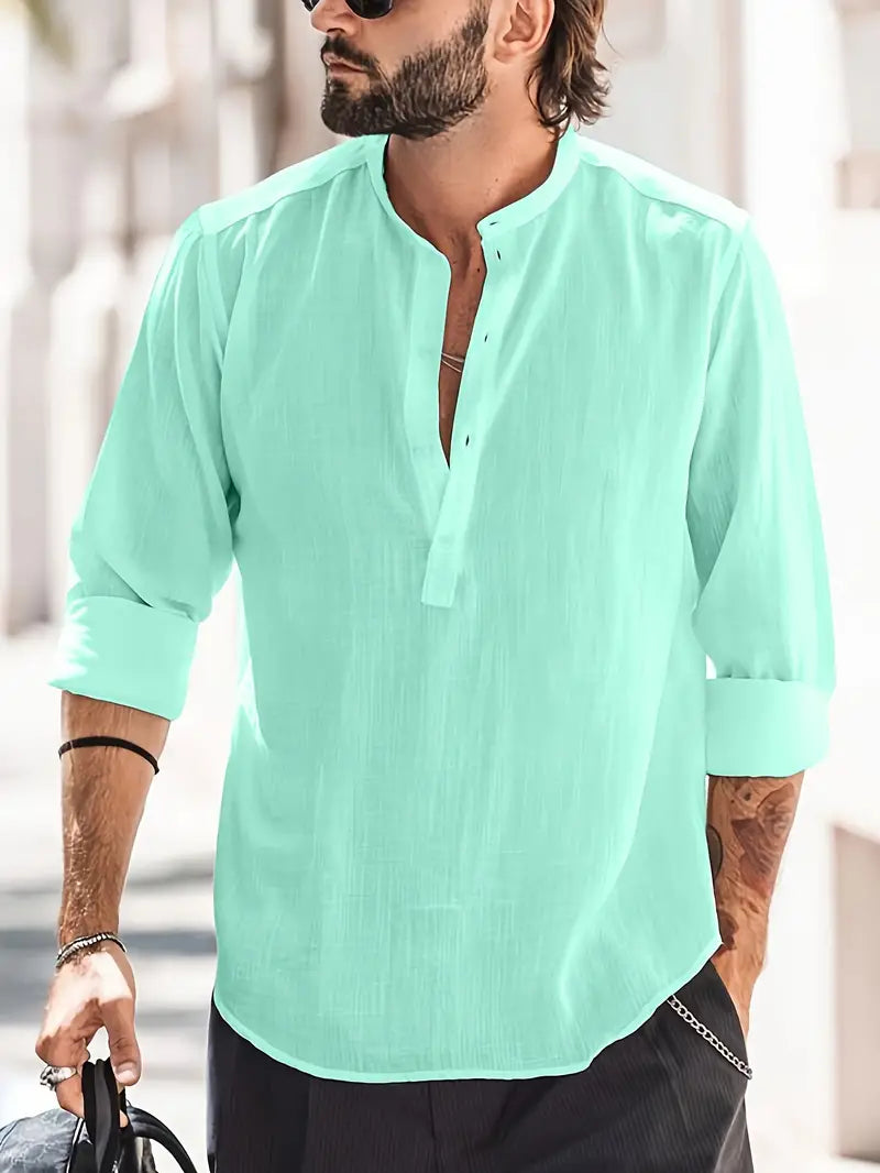 Herren Leinenhemd Langarm Bootskragen Vintage Look – Hugaro