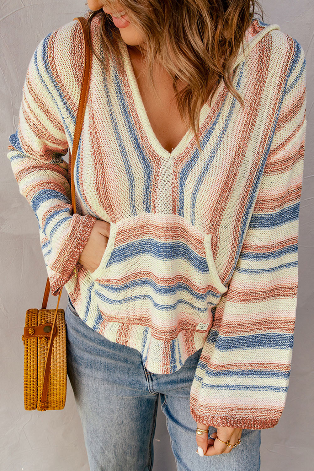 Gestreifter V-Ausschnitt Kapuzenpullover für Damen