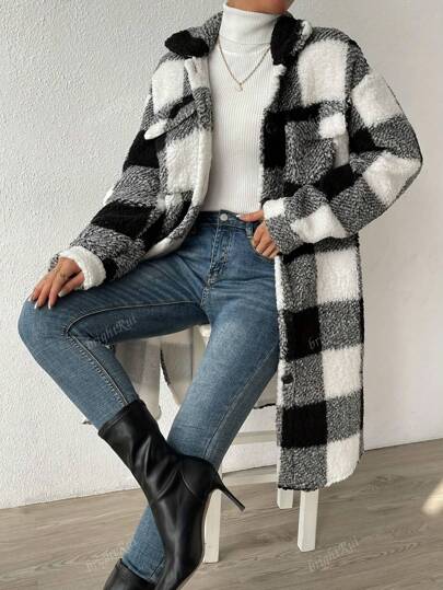 Divina | Damen Langjacke mit Reverskragen und Karo-Muster Einreihig