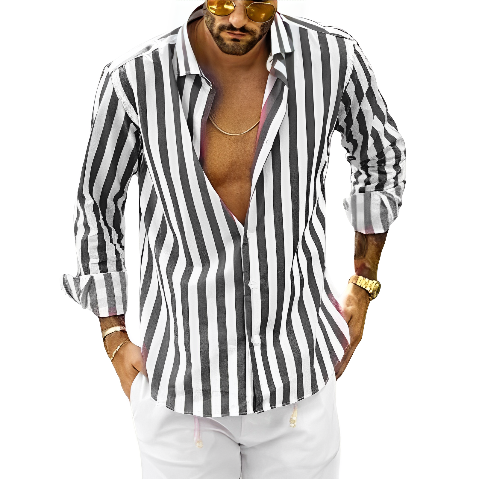 Herren Streifenhemd Langarm Sommer Stehkragen Elegant – Fredoro