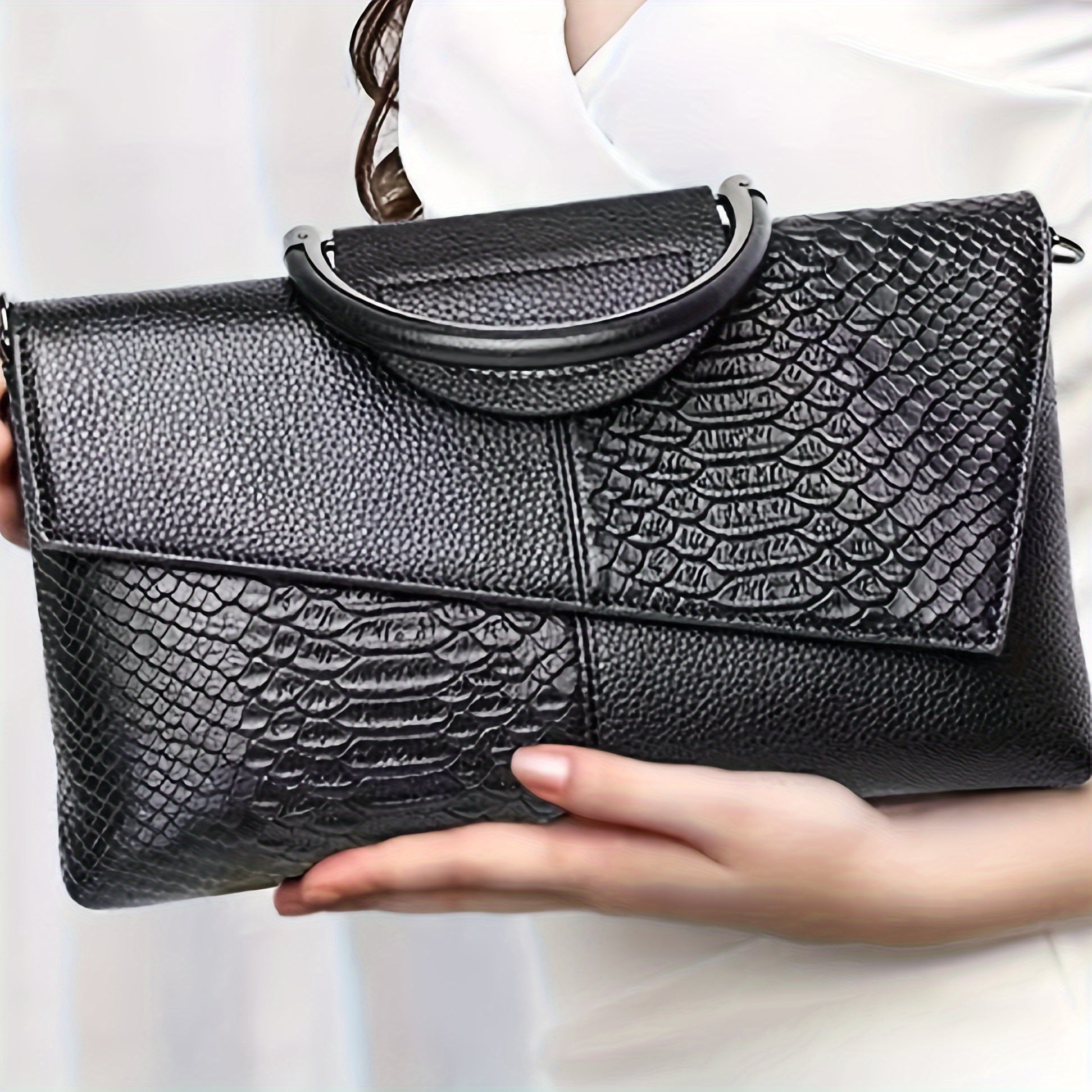 Schicke Schwarze Crossbody-Tasche Mit Krokodil-Muster Für Frauen