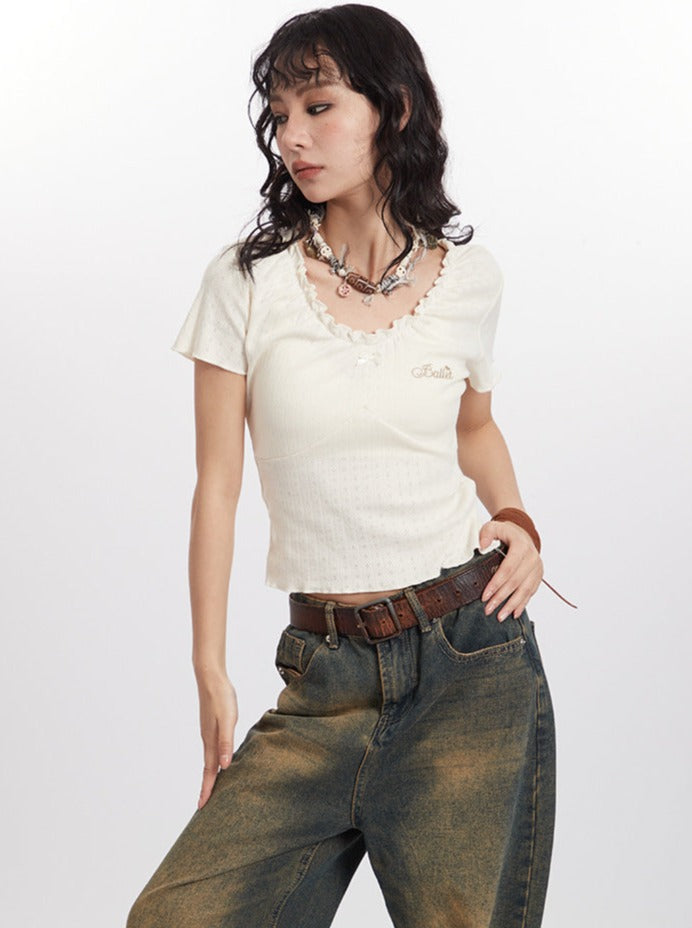 Hot Chic V-Ausschnitt Schlüsselbein Kurzarm Shirt