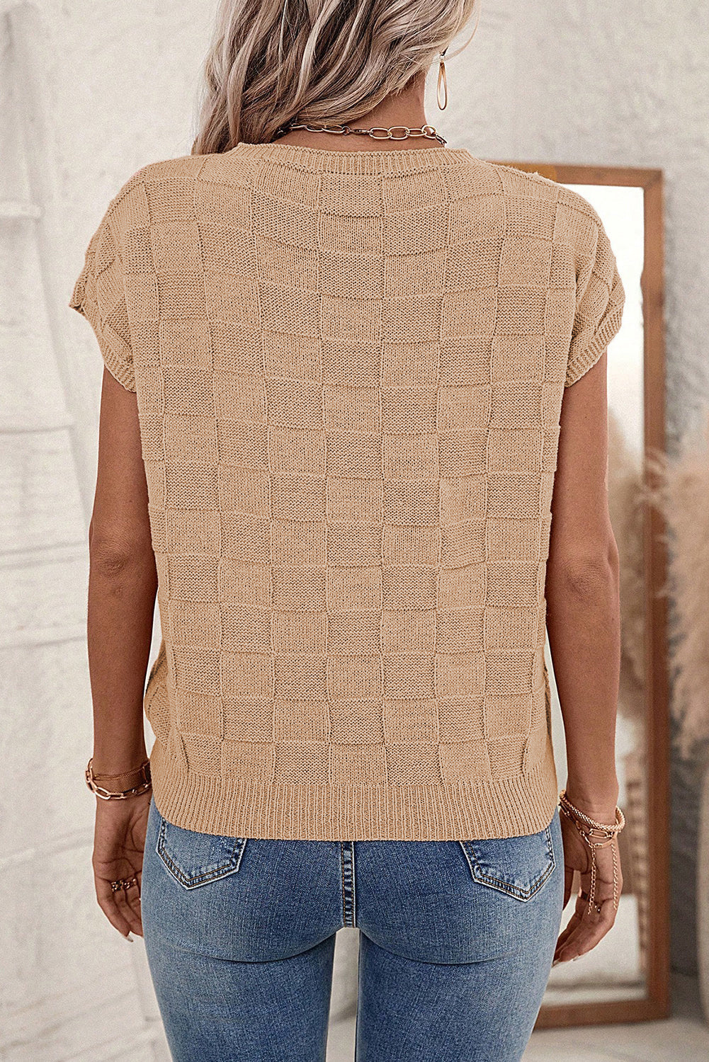 Stilvolles Stricktop mit Gittermuster und kurzen Ärmeln Für Frauen