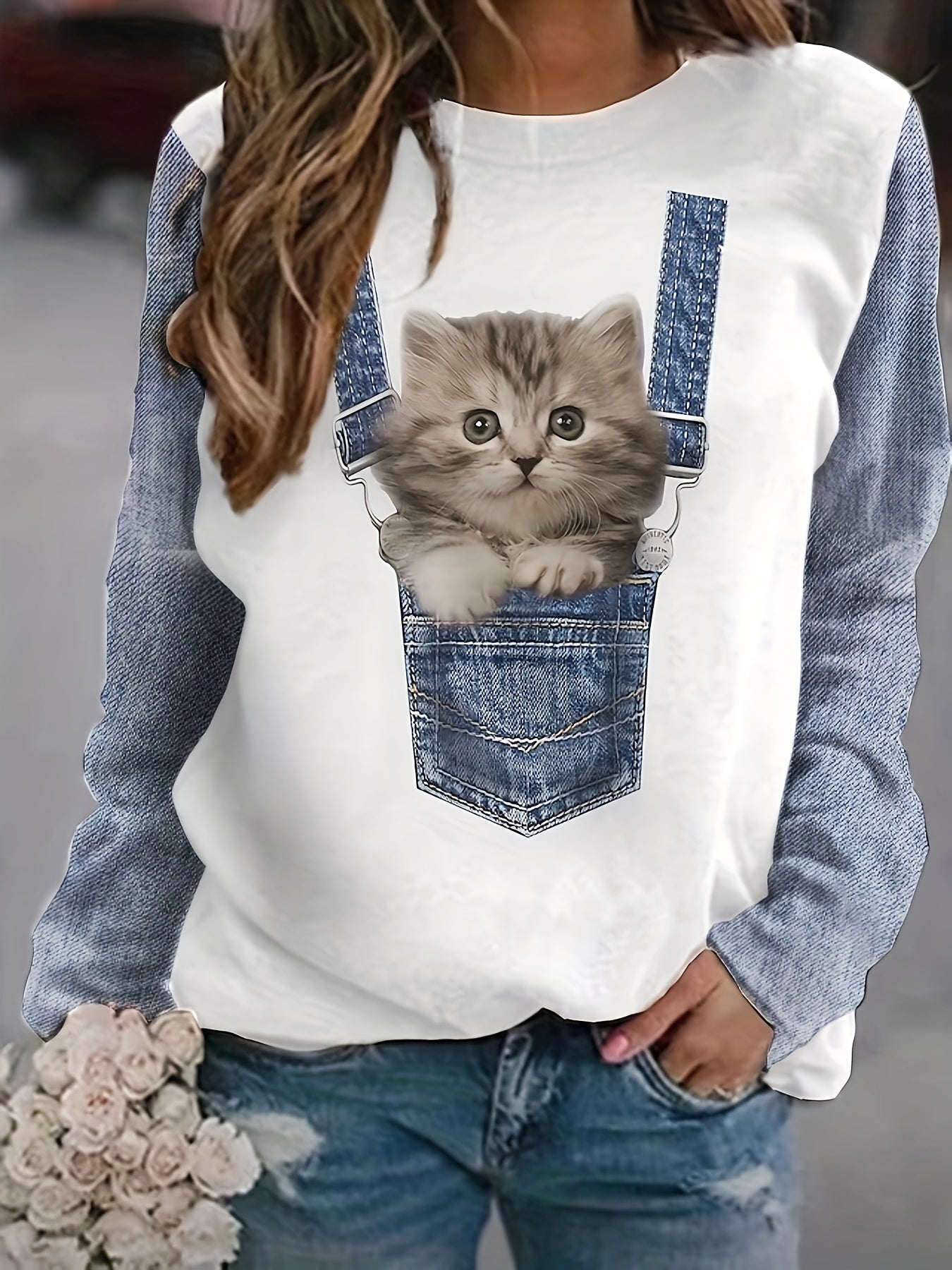 Katzenprint T-Shirt mit modernen Farbblock-Details – Celeste