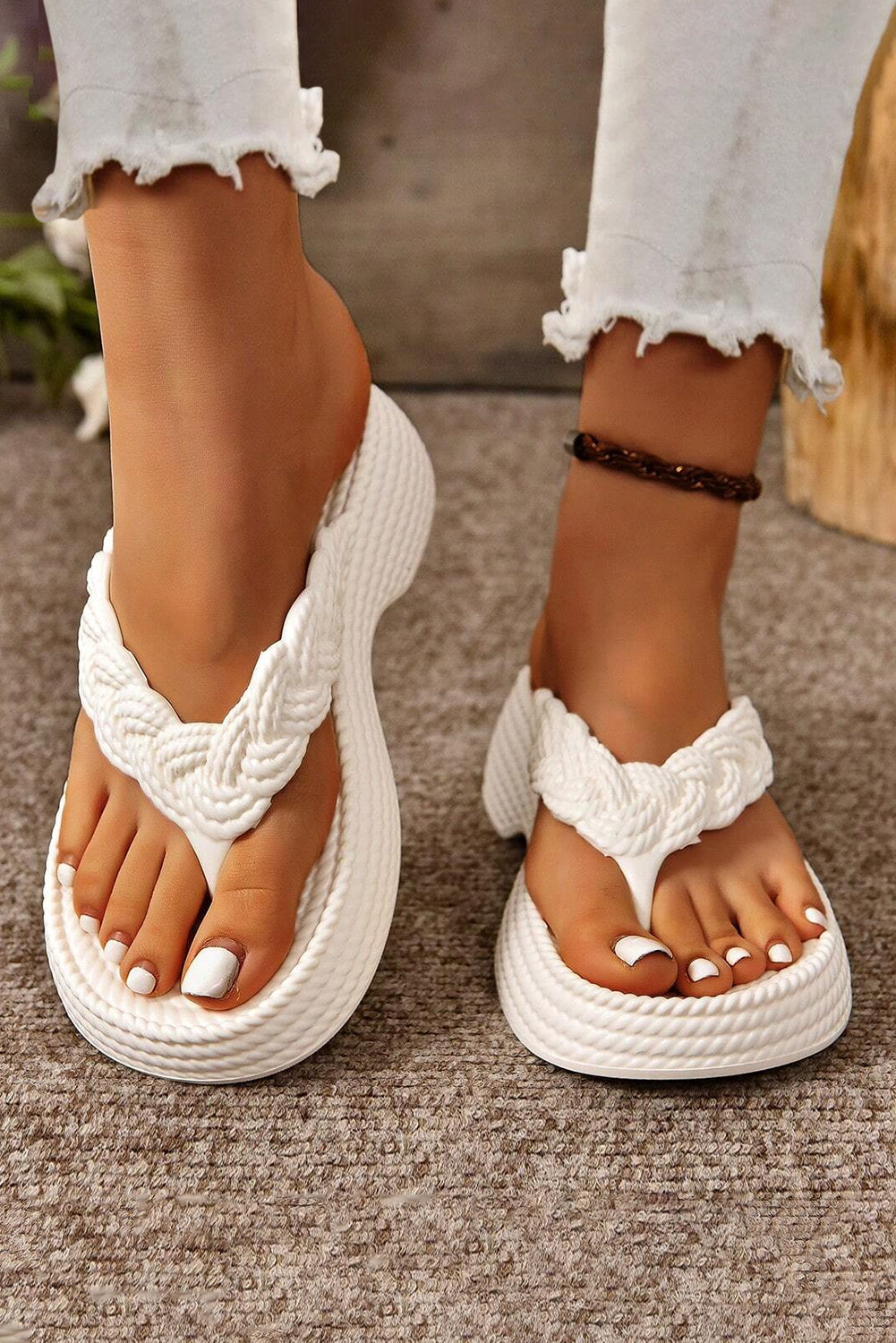 Weiße Geflochtene Flip-Flops mit dicker Sohle Für Frauen