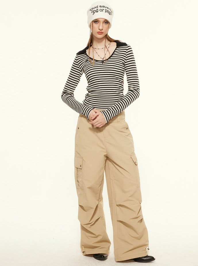 Elegantes gestreiftes Langarm-Top mit U-Kragen