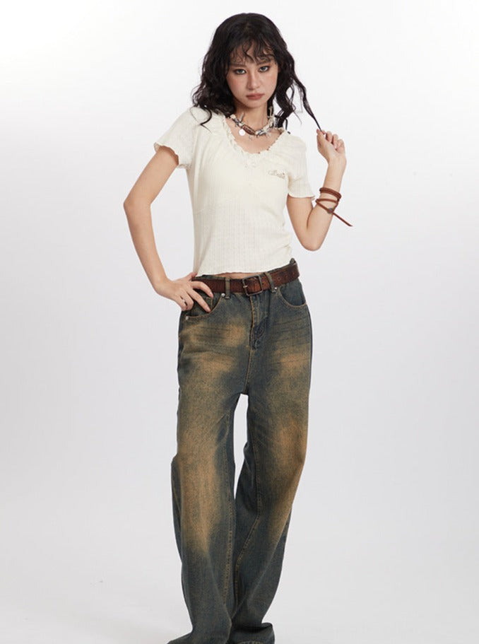 Hot Chic V-Ausschnitt Schlüsselbein Kurzarm Shirt