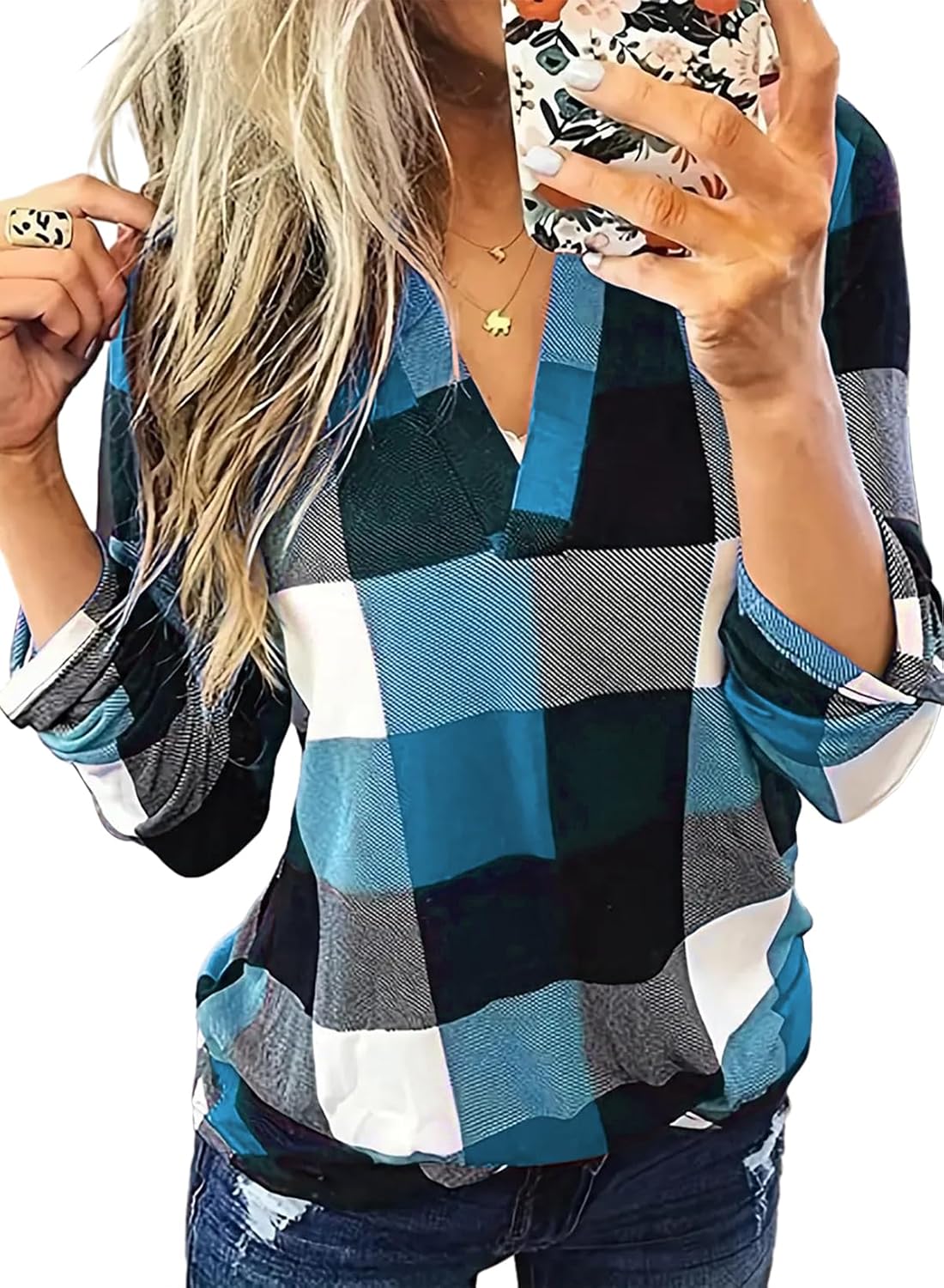 Karo-Bluse mit V-Ausschnitt für Damen – Hanna