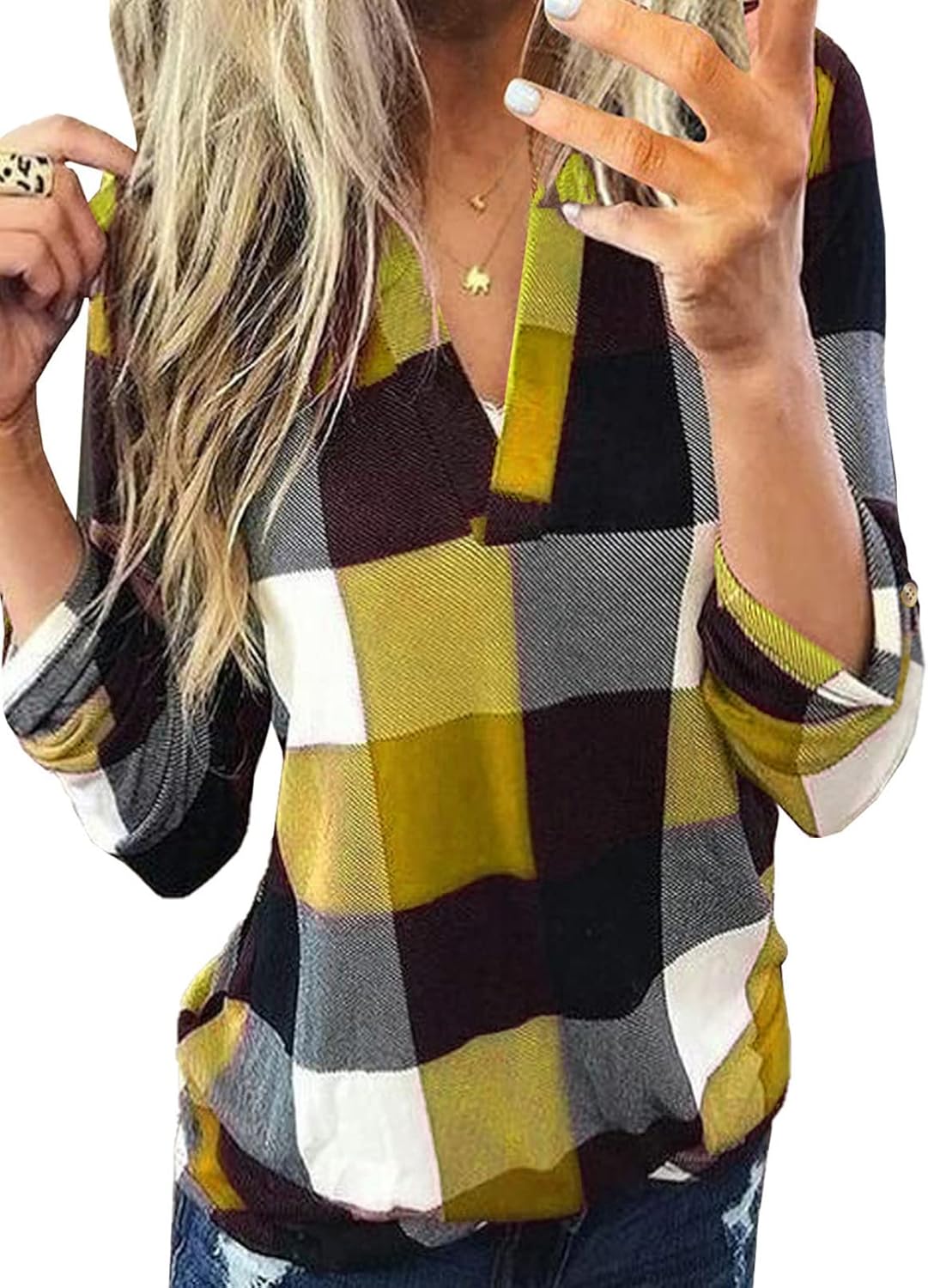 Karo-Bluse mit V-Ausschnitt für Damen – Hanna