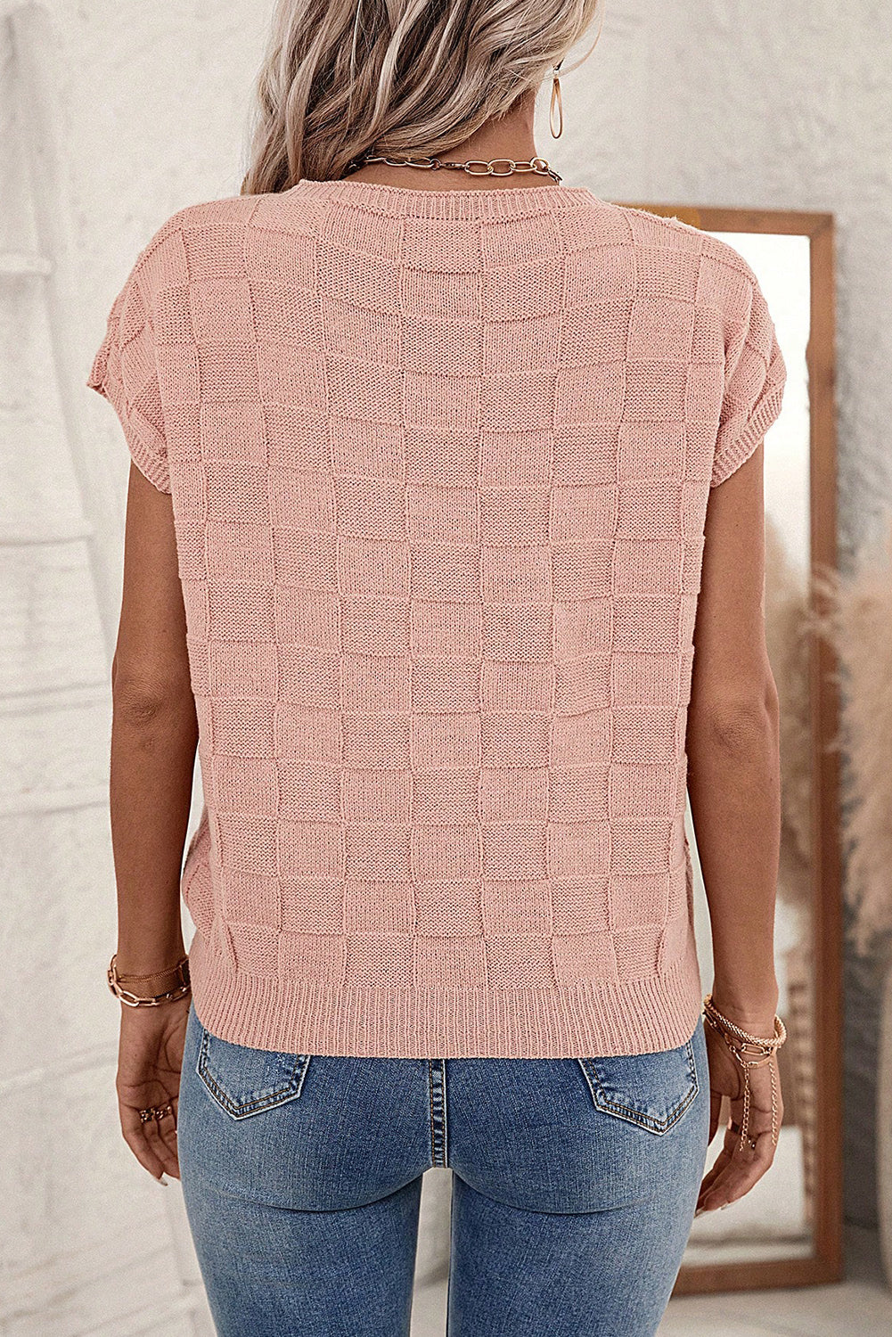 Stilvolles Stricktop mit Gittermuster und kurzen Ärmeln Für Frauen