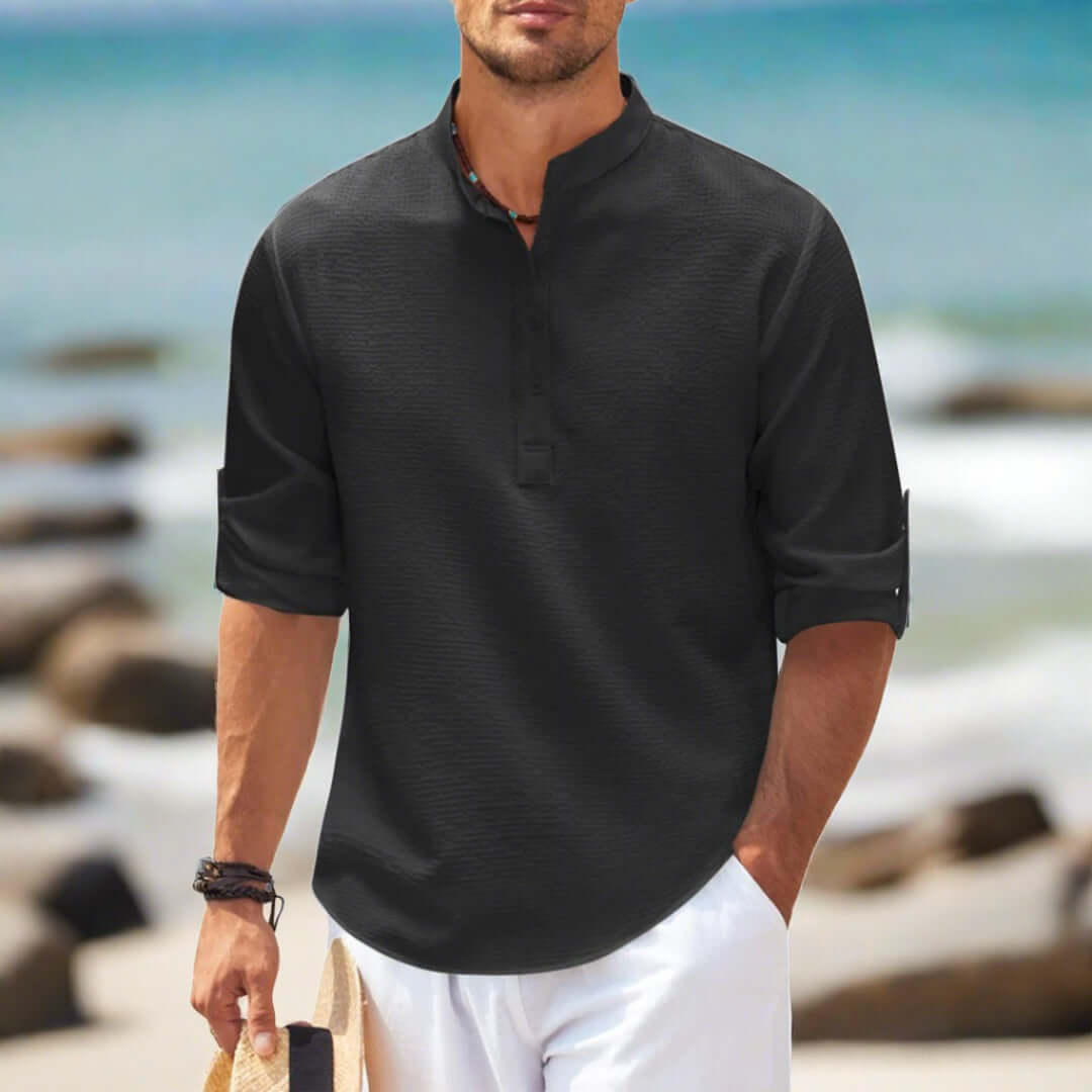Lässiges Textur-Poloshirt mit Mandarin-Kragen