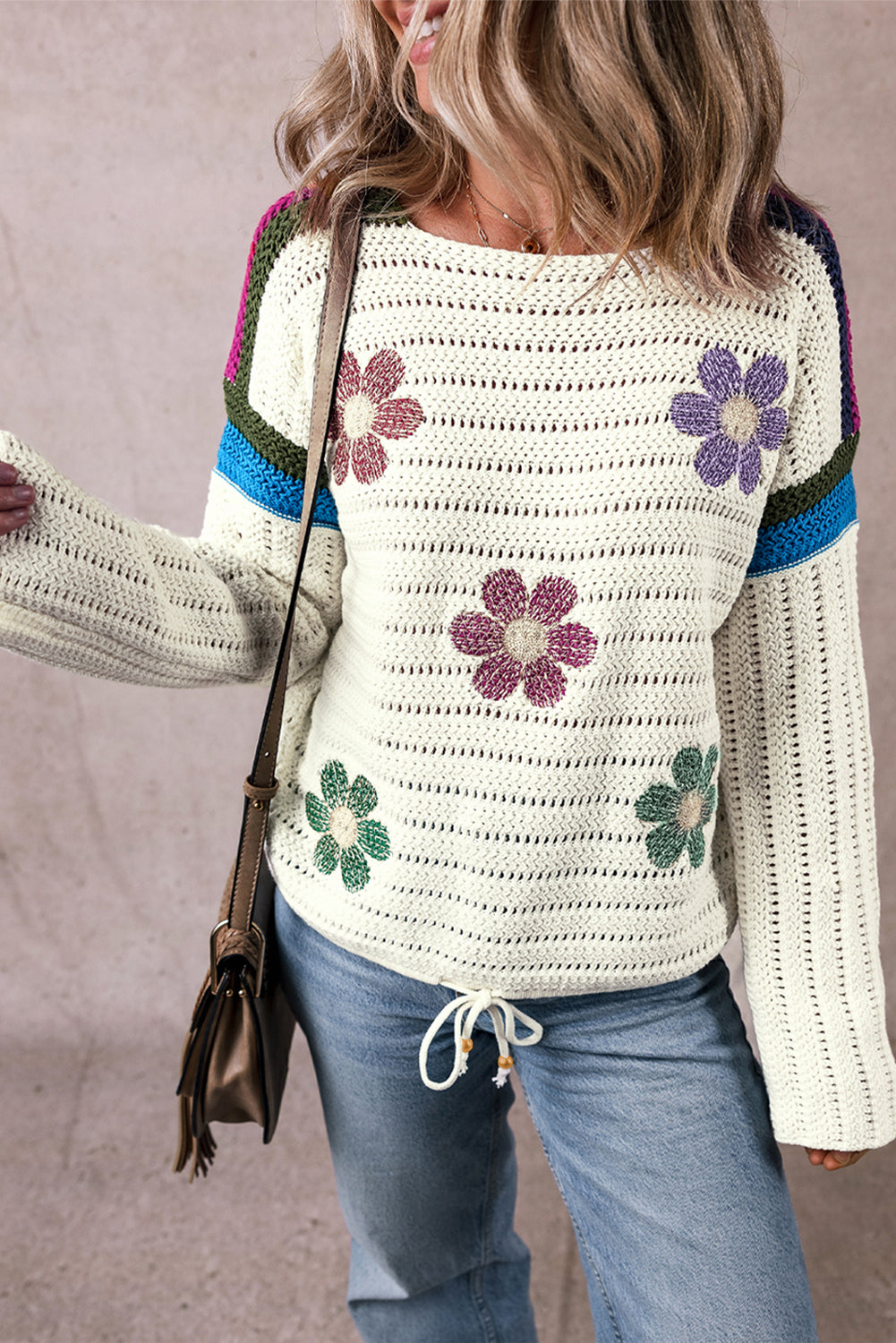 Weißer Strickpullover Mit Gänseblümchenmuster Für Frauen