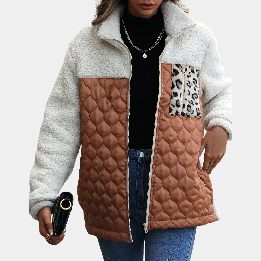 Steppjacke mit Leopardenmuster und Stehkragen für Frauen