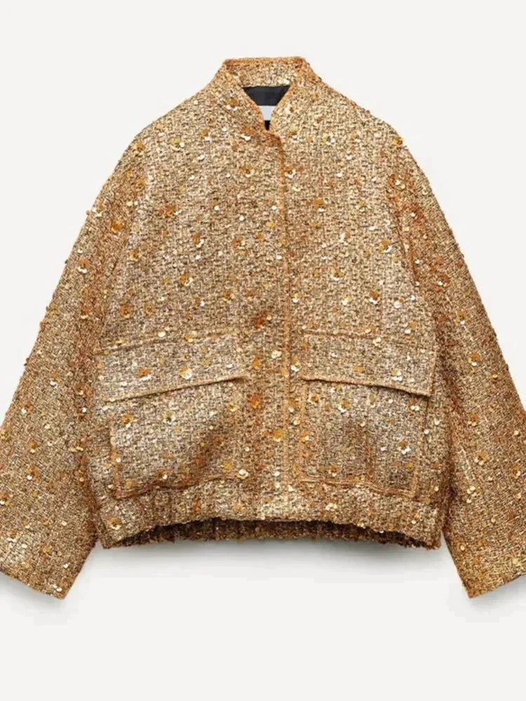 Locker geschnittene goldene Pailletten-Bomberjacke für Frauen