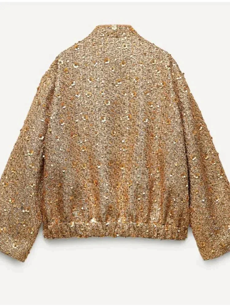 Locker geschnittene goldene Pailletten-Bomberjacke für Frauen