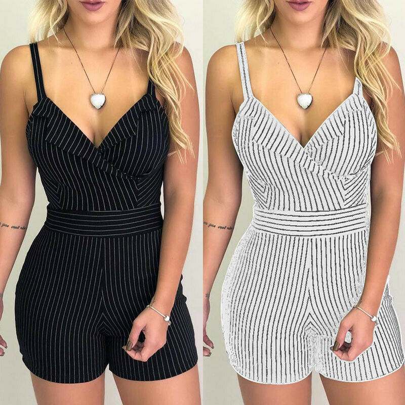 Bella - Schwarz Gestreifter Playsuit mit Spaghettiträgern