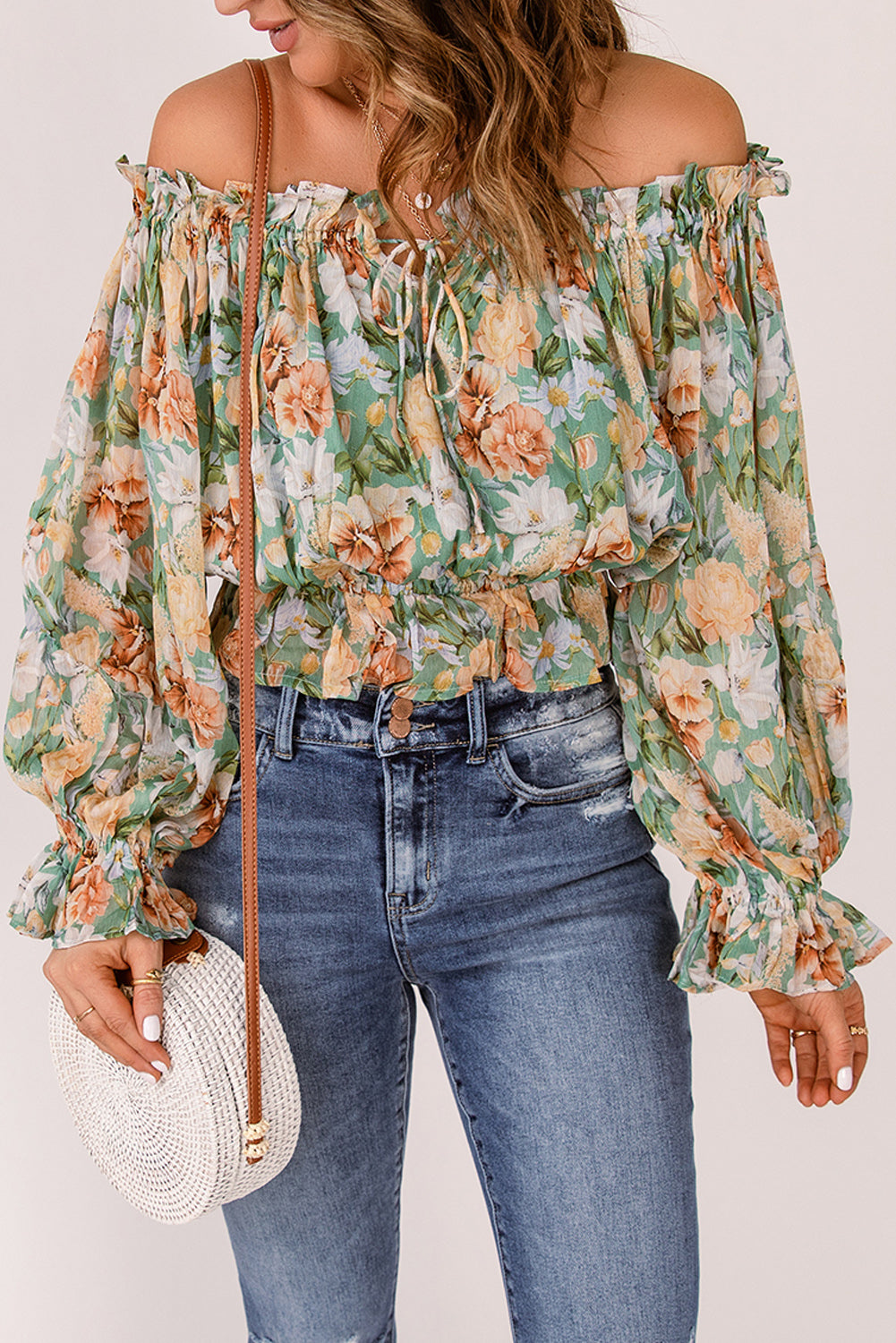 Grüne Bluse mit Blumenmuster und schulterfreiem Design Für Frauen