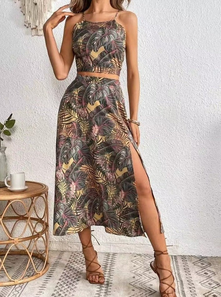 Zweiteiliges Rockset mit tropischem Print