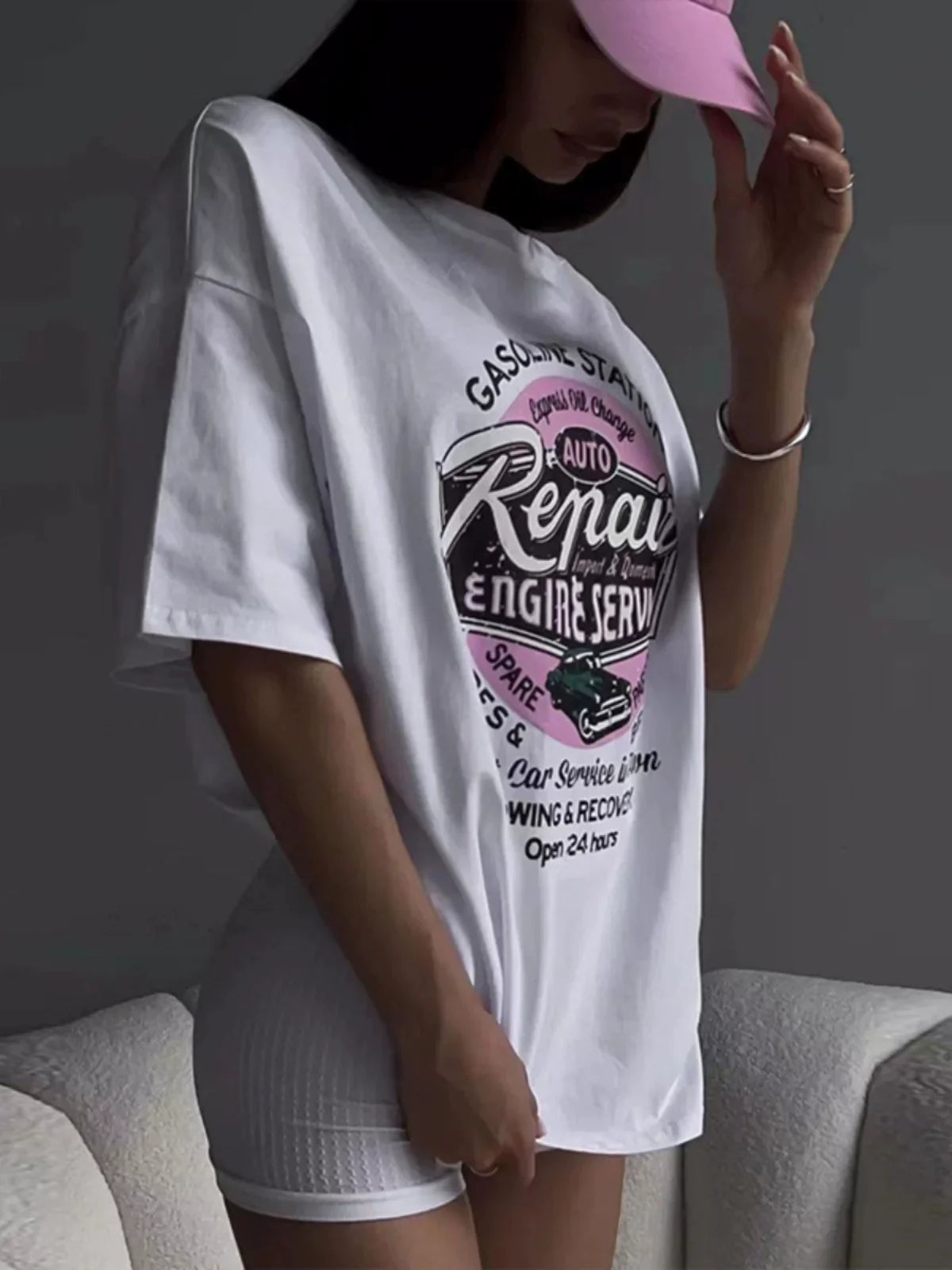 Weißes, kurzärmliges Retro-Vintage-Streetshirt für Damen