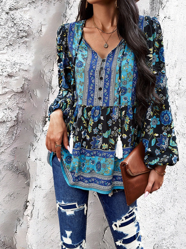 Langärmliges Hemd im Bohemian-Stil mit V-Ausschnitt und Quaste