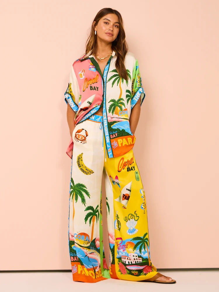 Zweiteiliges Hosenset im Sunny Beach-Stil mit Aufdruck