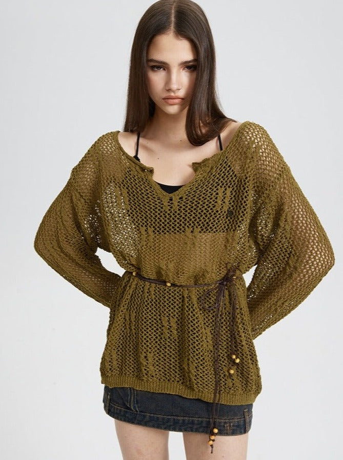 Elegantes langärmliger Strickpullover im Bohemian-Stil mit Reverskragen und Kordelgürtel