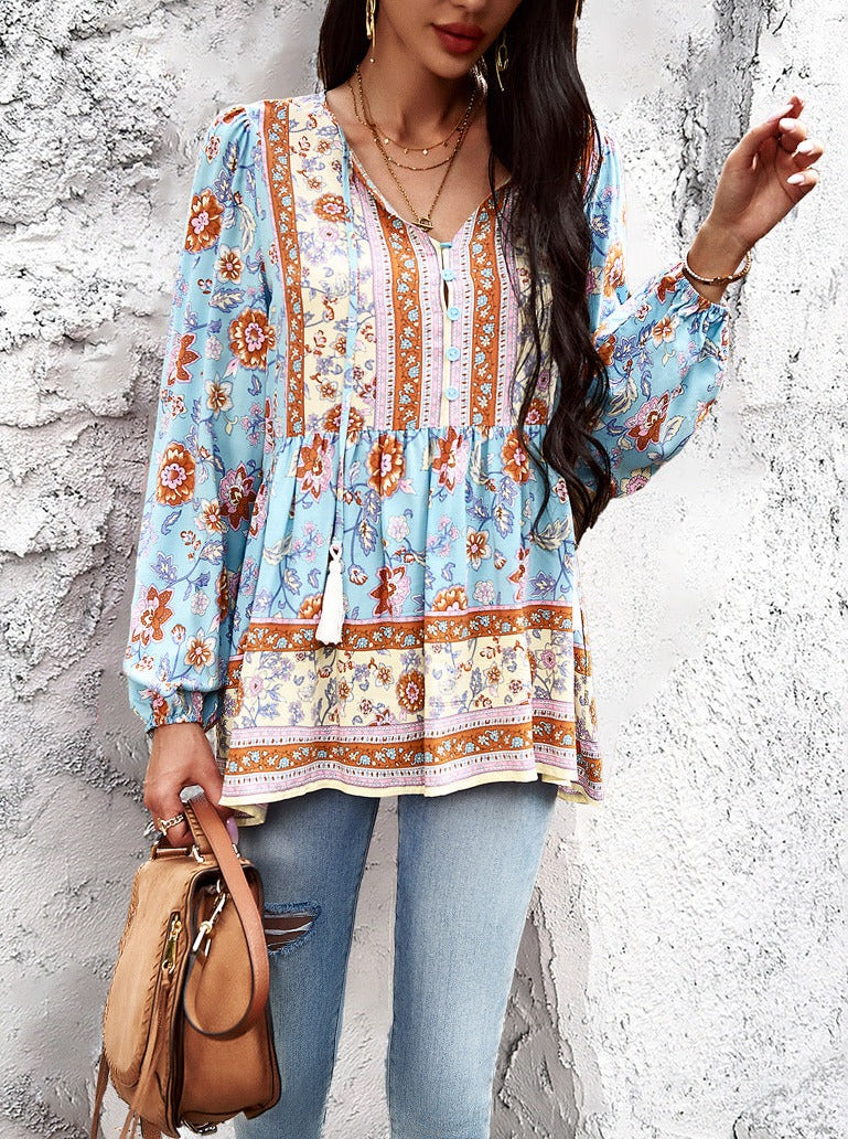 Langärmliges Hemd im Bohemian-Stil mit V-Ausschnitt und Quaste
