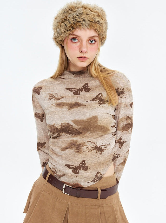 Plissiertes Top mit halbem Rollkragen und Schmetterlings-Print