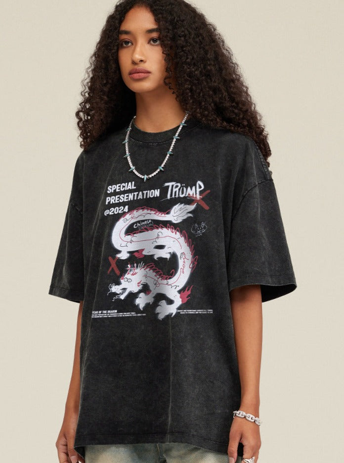Schwarzes, lockeres Freizeithemd mit Drachen-Print