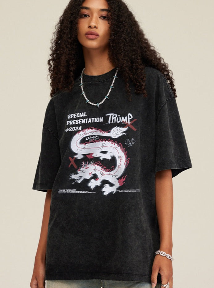 Schwarzes, lockeres Freizeithemd mit Drachen-Print