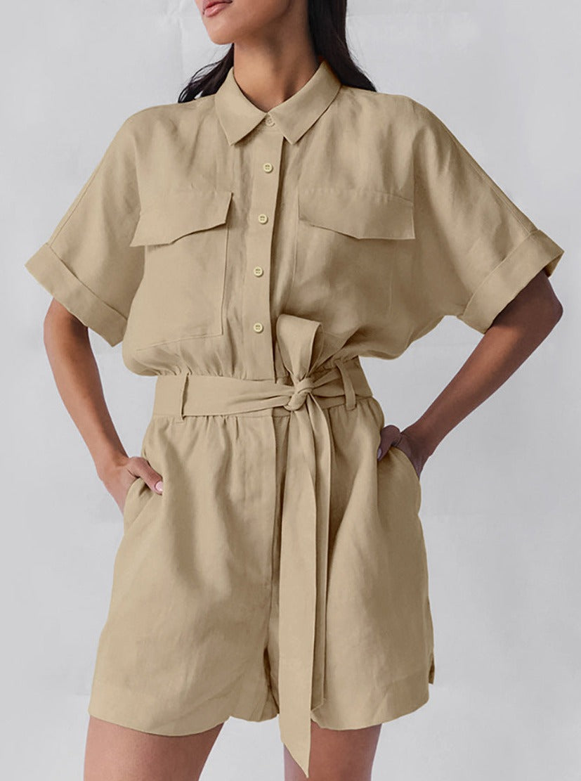 Vielseitiger Jumpsuit mit Schnürung, kurzen Ärmeln und weitem Bein