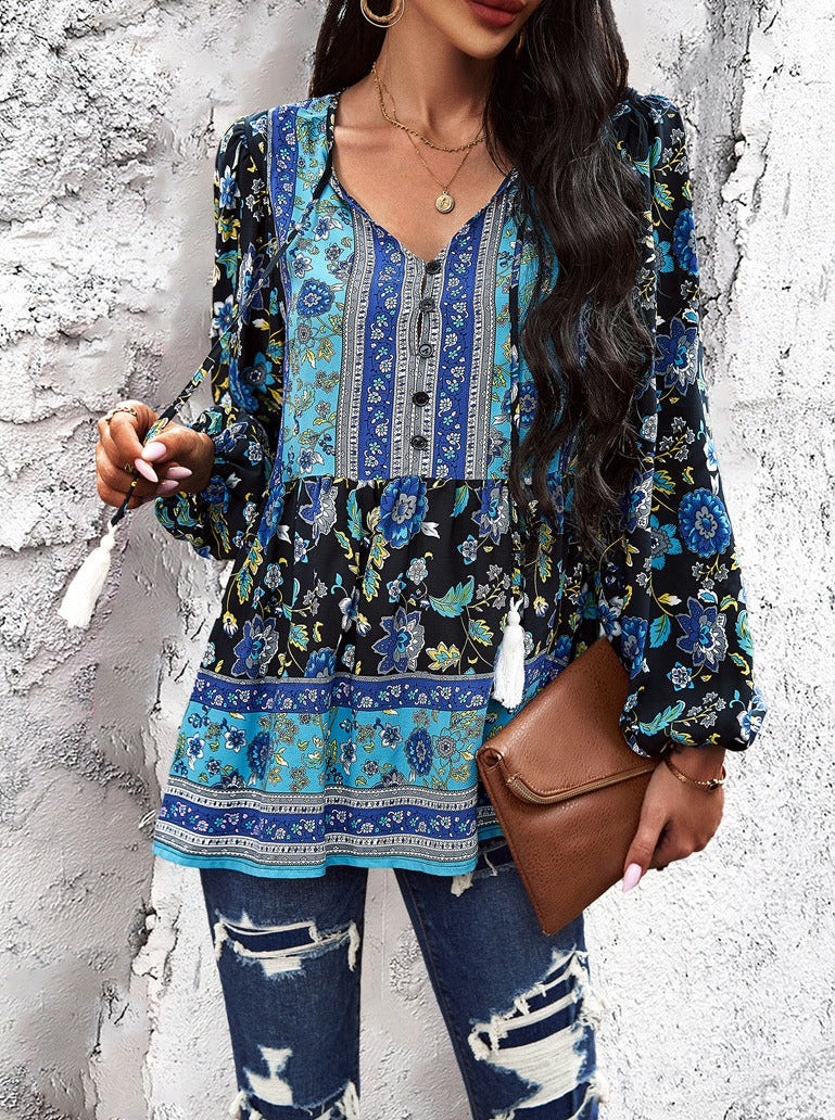 Langärmliges Hemd im Bohemian-Stil mit V-Ausschnitt und Quaste