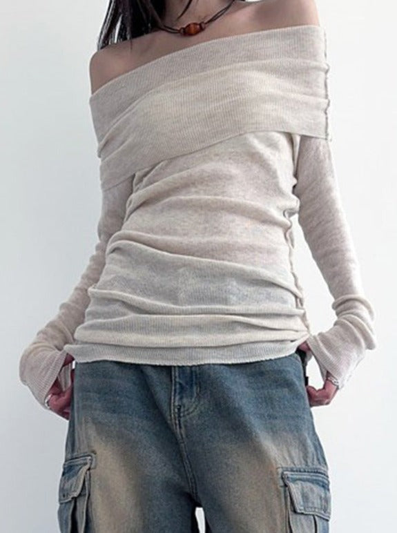 Elegantes, schulterfreies, langärmliges, schlichtes Strickhemd
