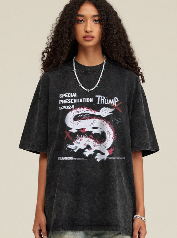 Schwarzes, lockeres Freizeithemd mit Drachen-Print