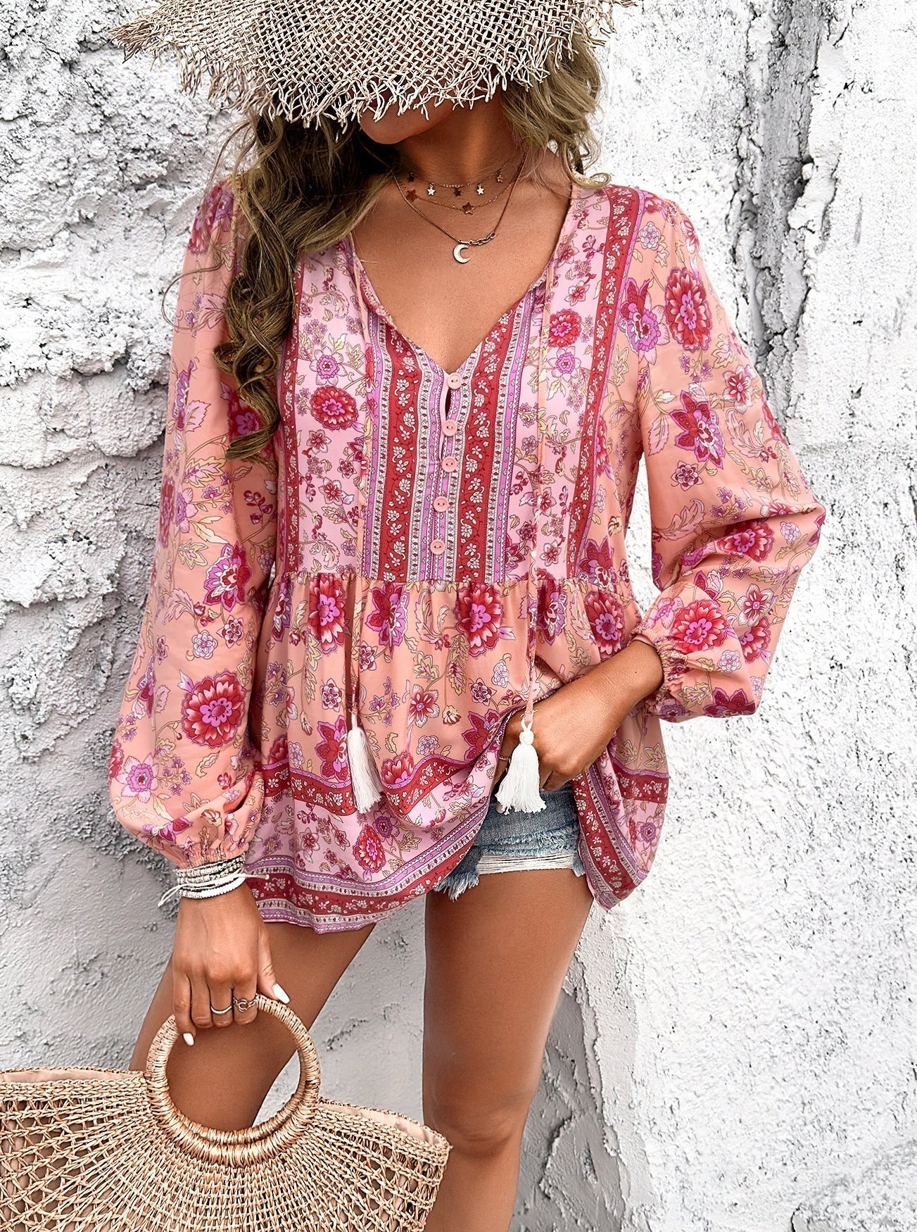 Langärmliges Hemd im Bohemian-Stil mit V-Ausschnitt und Quaste