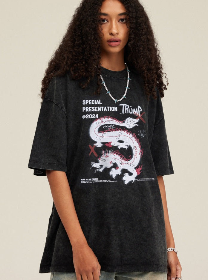 Schwarzes, lockeres Freizeithemd mit Drachen-Print