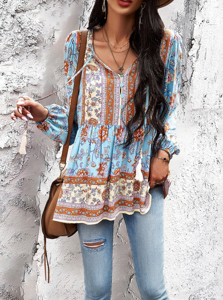 Langärmliges Hemd im Bohemian-Stil mit V-Ausschnitt und Quaste