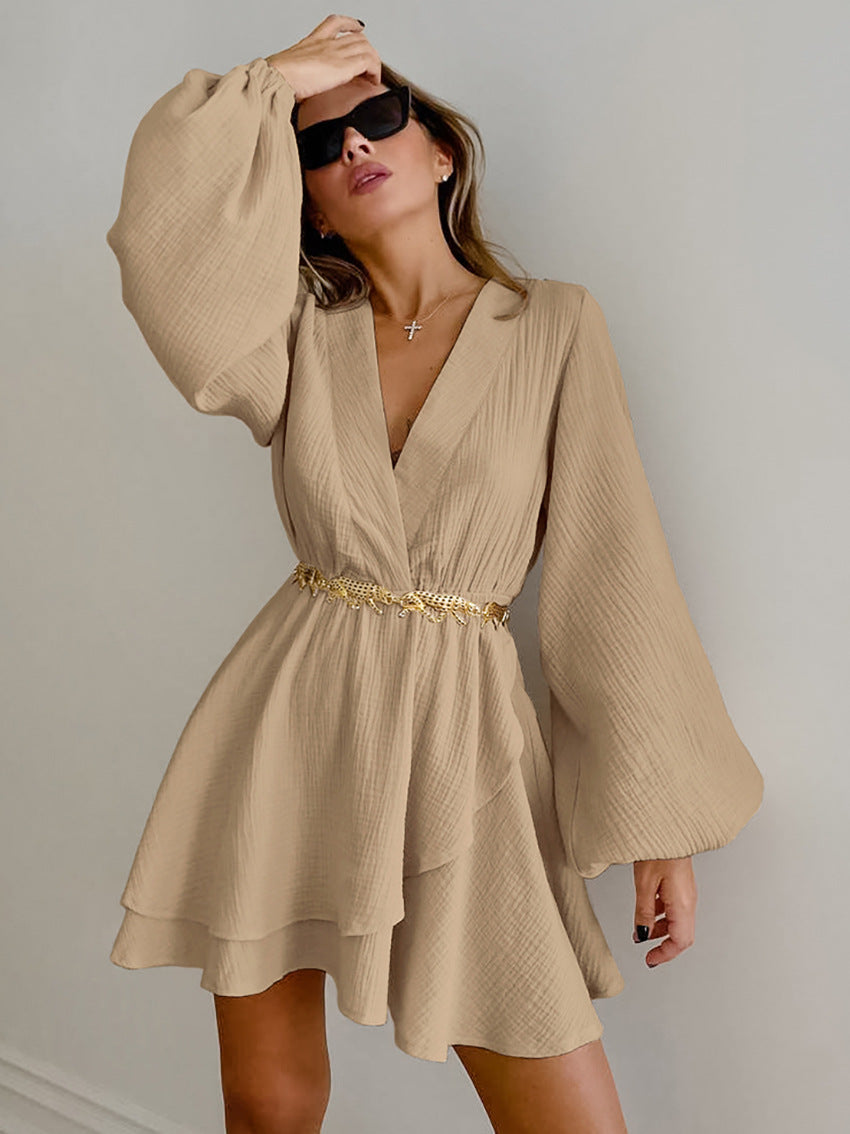 Casual Slim Deep V-Neck Lantern Sleeve Dress