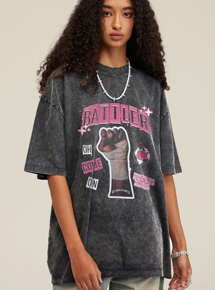 Lockeres T-Shirt mit Retro-Print und halblangen Ärmeln